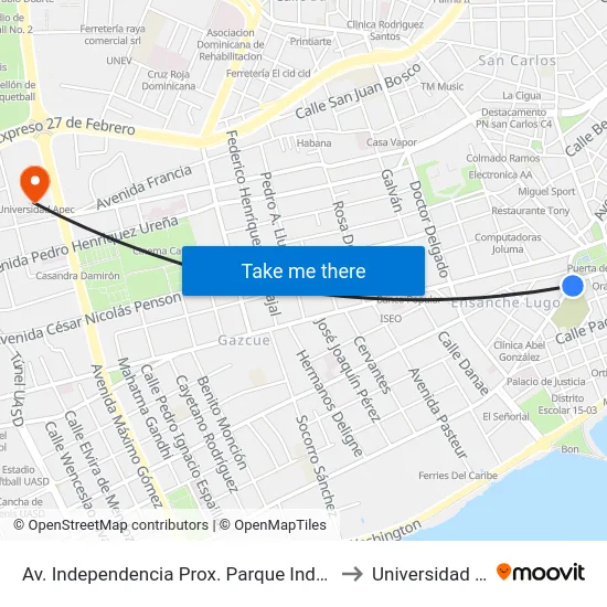 Av. Independencia Prox. Parque Independencia to Universidad Apec map