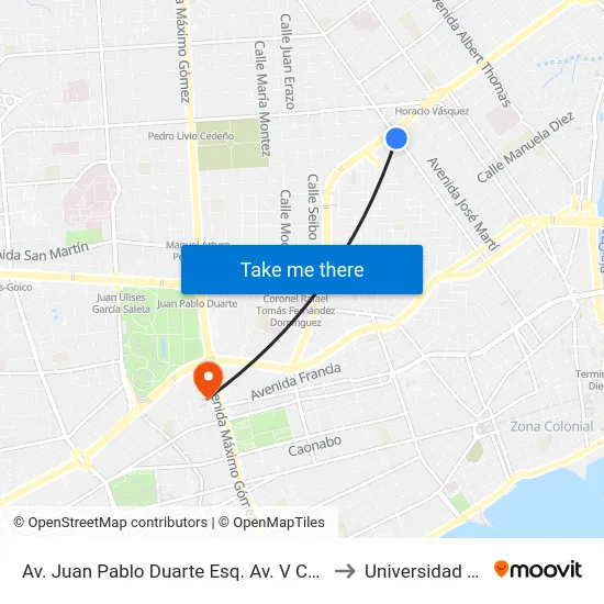 Av. Juan Pablo Duarte Esq. Av. V Centenario to Universidad Apec map