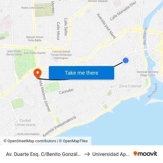Av. Duarte Esq. C/Benito González to Universidad Apec map