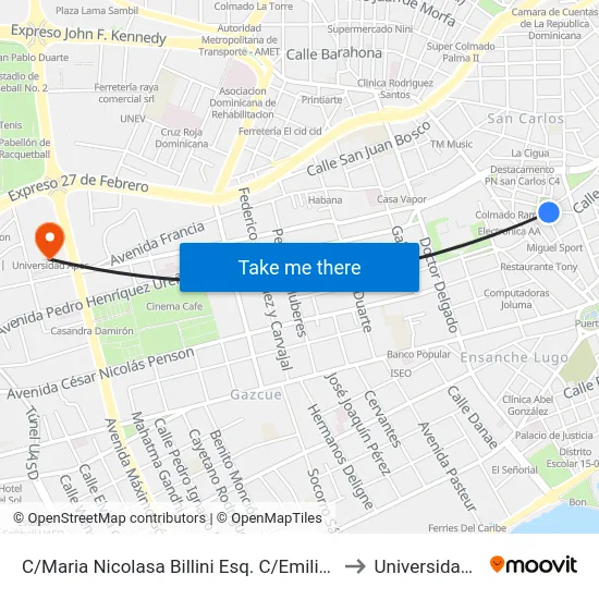 C/Maria Nicolasa Billini Esq. C/Emilio Prud'Homme to Universidad Apec map