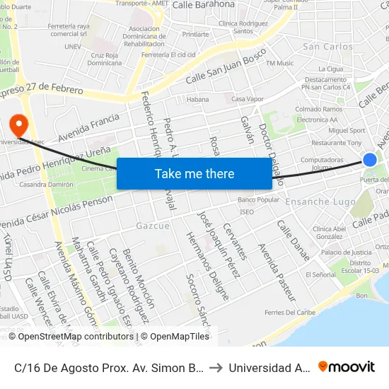 C/16 De Agosto Prox. Av. Simon Bolivar to Universidad Apec map