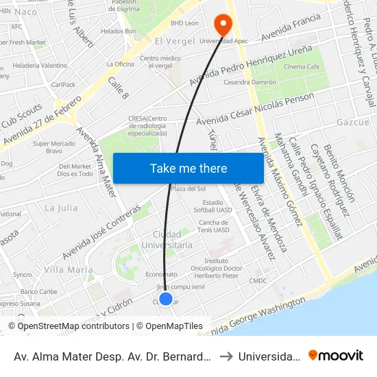 Av. Alma Mater Desp. Av. Dr. Bernardo Correa Y Cidron to Universidad Apec map