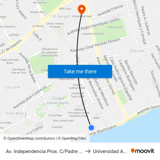 Av. Independencia Prox. C/Padre Piña to Universidad Apec map