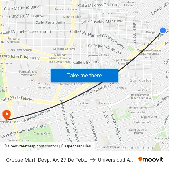 C/Jose Marti Desp. Av. 27 De Febrero to Universidad Apec map
