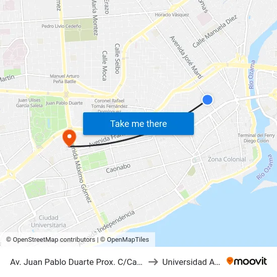 Av. Juan Pablo Duarte Prox. C/Caracas to Universidad Apec map