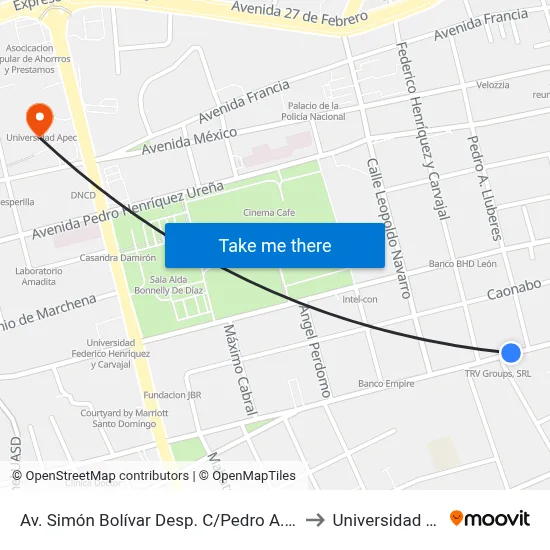 Av. Simón Bolívar Desp. C/Pedro A. Lluberes to Universidad Apec map