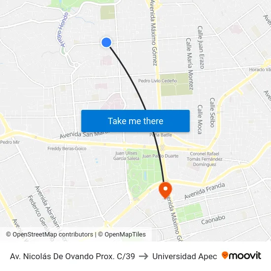 Av. Nicolás De Ovando Prox. C/39 to Universidad Apec map