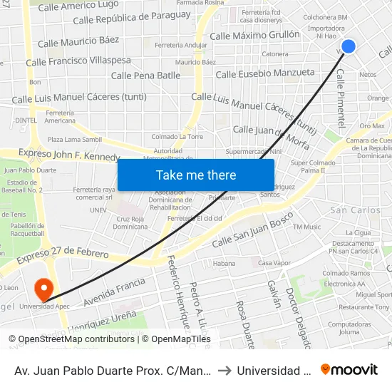 Av. Juan Pablo Duarte Prox. C/Manuela Diez to Universidad Apec map