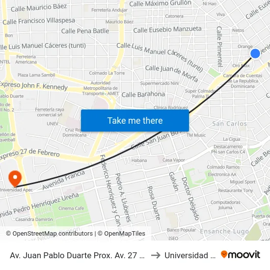 Av. Juan Pablo Duarte Prox. Av. 27 De Febrero to Universidad Apec map