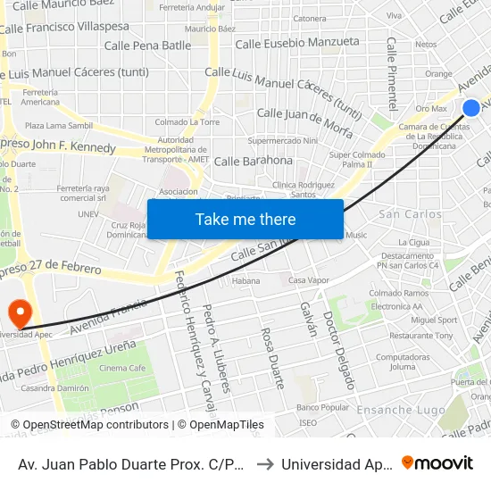 Av. Juan Pablo Duarte Prox. C/Paris to Universidad Apec map