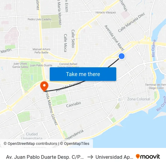 Av. Juan Pablo Duarte Desp. C/Paris to Universidad Apec map