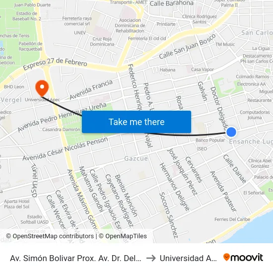 Av. Simón Bolivar Prox. Av. Dr. Delgado to Universidad Apec map