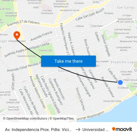 Av. Independencia Prox. Pdte. Vicini Burgos to Universidad Apec map