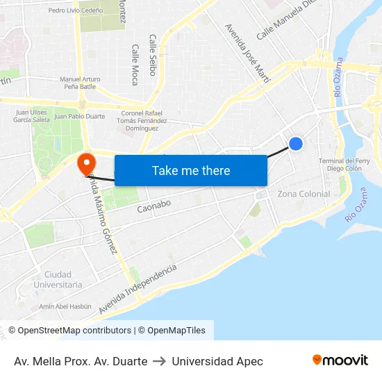 Av. Mella Prox. Av. Duarte to Universidad Apec map