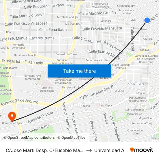 C/Jose Marti Desp. C/Eusebio Manzueta to Universidad Apec map