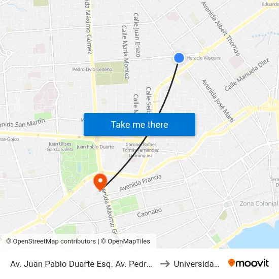Av. Juan Pablo Duarte Esq. Av. Pedro Livio Cedeño to Universidad Apec map