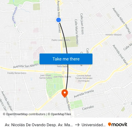 Av. Nicolás De Ovando Desp. Av. Maximo Gomez to Universidad Apec map