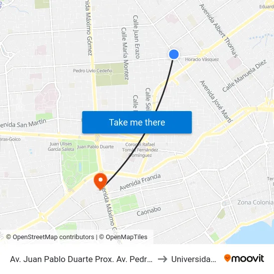 Av. Juan Pablo Duarte Prox. Av. Pedro Livio Cedeño to Universidad Apec map