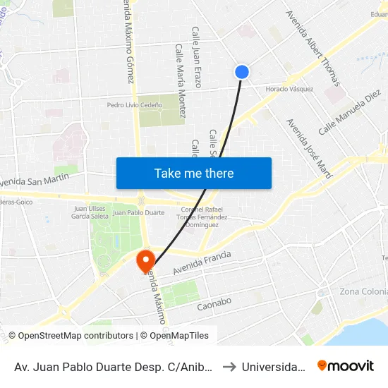 Av. Juan Pablo Duarte Desp. C/Anibal De Espinosa to Universidad Apec map