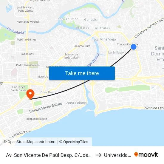 Av. San Vicente De Paúl Desp. C/Jose Antonio Jimenez to Universidad Apec map