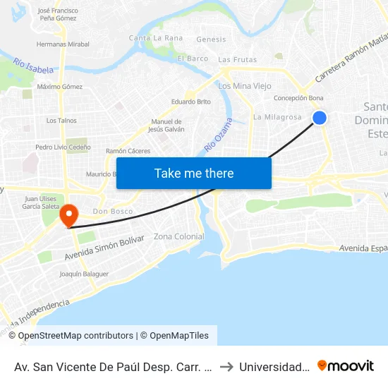 Av. San Vicente De Paúl Desp. Carr. De Mendoza to Universidad Apec map