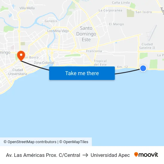Av. Las Américas Prox. C/Central to Universidad Apec map