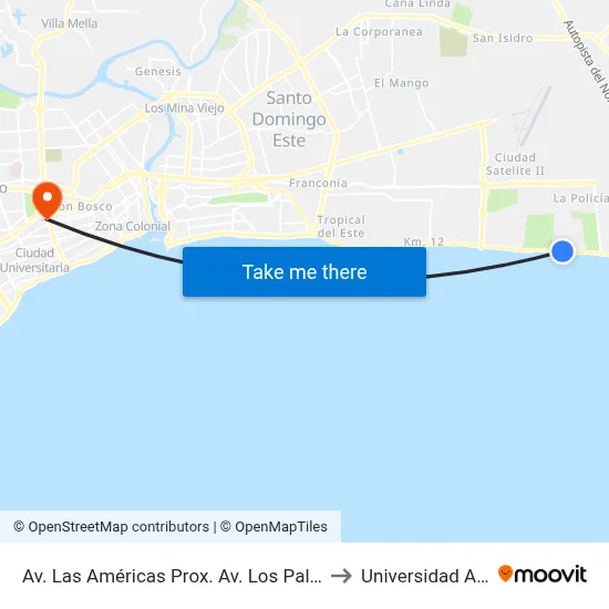 Av. Las Américas Prox. Av. Los Palmeros to Universidad Apec map