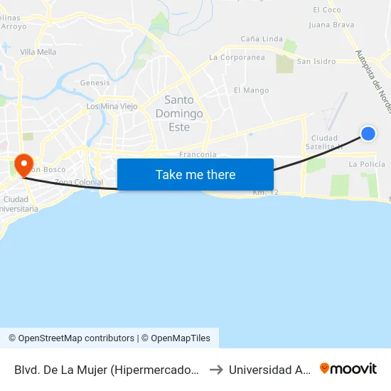 Blvd. De La Mujer (Hipermercados Olé) to Universidad Apec map