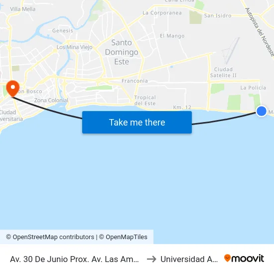 Av. 30 De Junio Prox. Av. Las Americas to Universidad Apec map