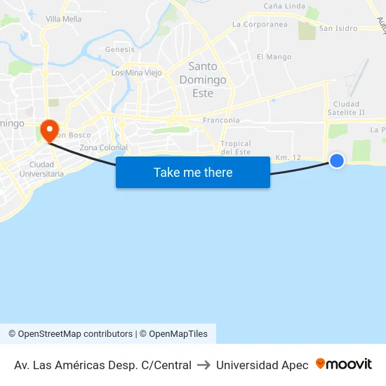 Av. Las Américas Desp. C/Central to Universidad Apec map