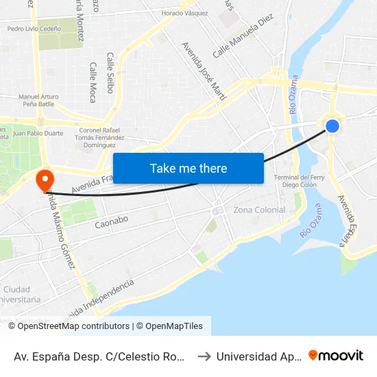 Av. España Desp. C/Celestio Román to Universidad Apec map