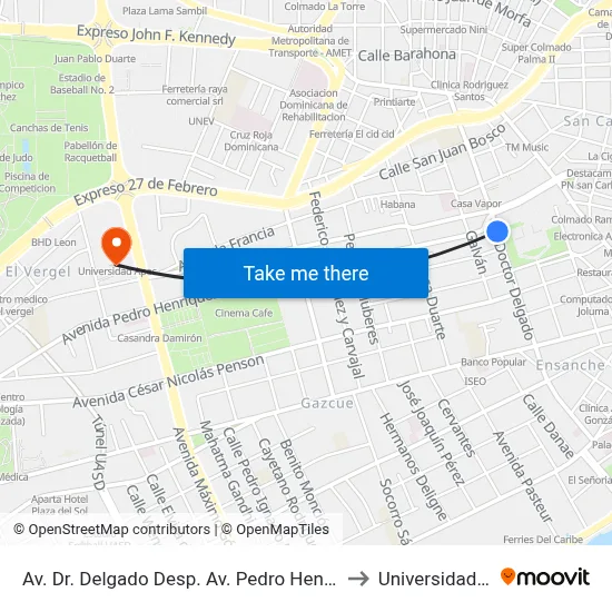 Av. Dr. Delgado Desp. Av. Pedro Henríquez Ureña to Universidad Apec map