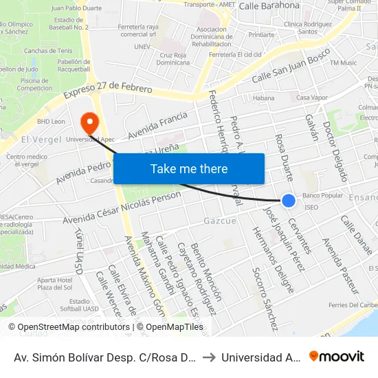 Av. Simón Bolívar Desp. C/Rosa Duarte to Universidad Apec map