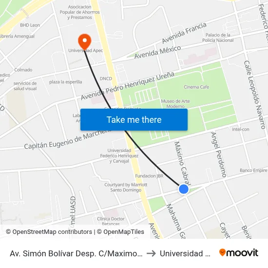 Av. Simón Bolívar Desp. C/Maximo Cabral to Universidad Apec map