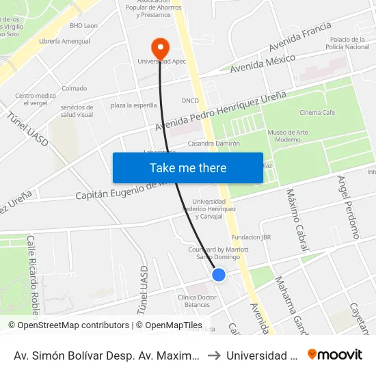 Av. Simón Bolívar Desp. Av. Maximo Gomez to Universidad Apec map