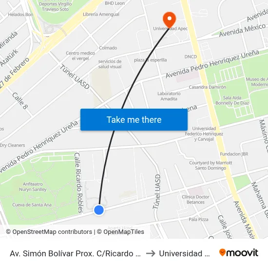 Av. Simón Bolívar Prox. C/Ricardo Robles to Universidad Apec map