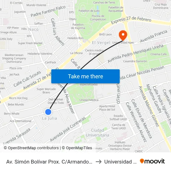 Av. Simón Bolívar Prox. C/Armando Rodriguez to Universidad Apec map