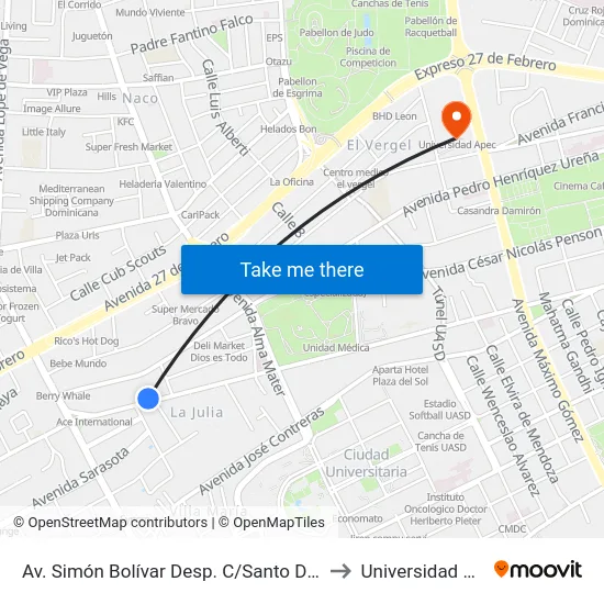 Av. Simón Bolívar Desp. C/Santo Domingo to Universidad Apec map