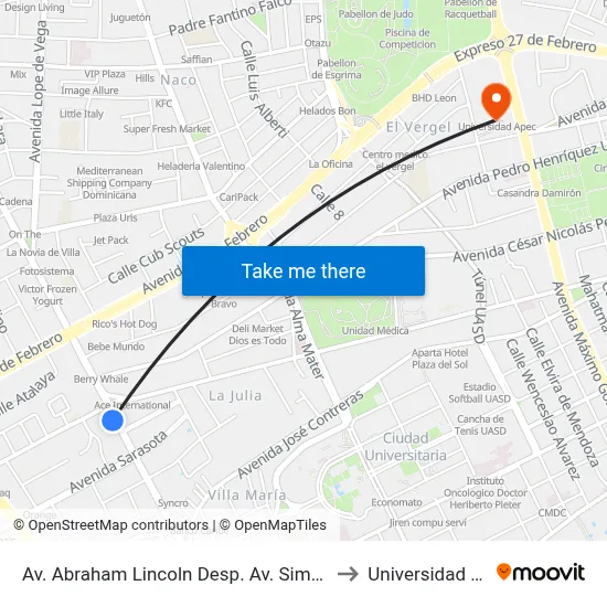 Av. Abraham Lincoln Desp. Av. Simon Bolivar to Universidad Apec map