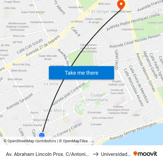 Av. Abraham Lincoln Prox. C/Antonio De La Maza to Universidad Apec map