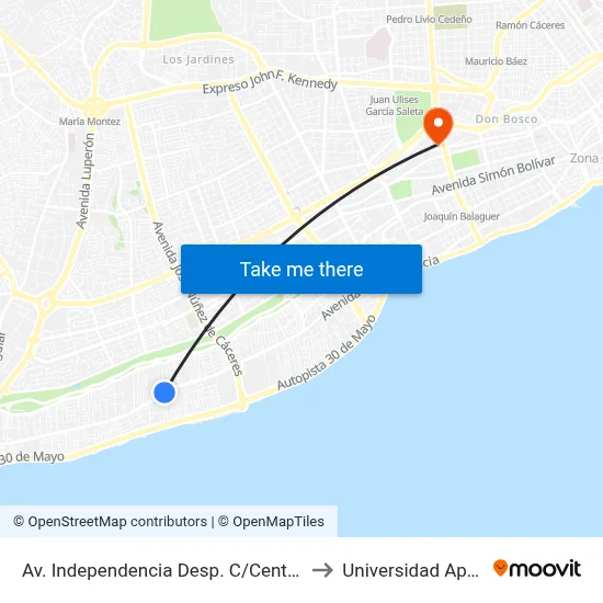 Av. Independencia Desp. C/Central to Universidad Apec map