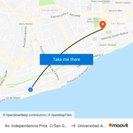 Av. Independencia Prox. C/San Gabriel to Universidad Apec map