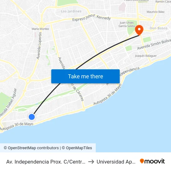 Av. Independencia Prox. C/Central to Universidad Apec map