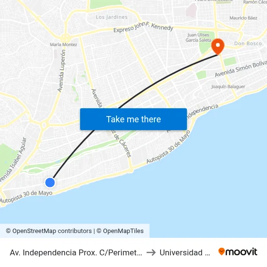 Av. Independencia Prox. C/Perimetral Este to Universidad Apec map