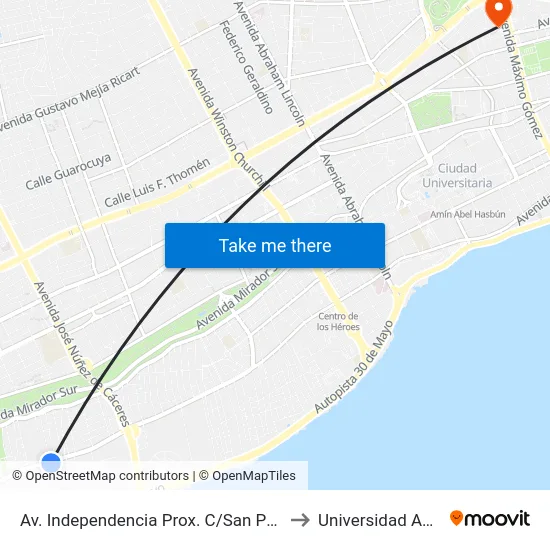 Av. Independencia Prox. C/San Pablo to Universidad Apec map