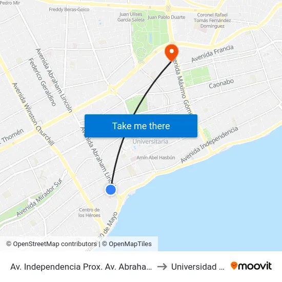 Av. Independencia Prox. Av. Abraham Lincoln to Universidad Apec map