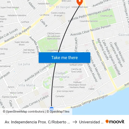 Av. Independencia Prox. C/Roberto Schomburg to Universidad Apec map