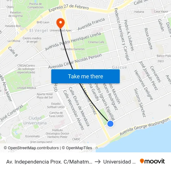 Av. Independencia Prox. C/Mahatma Gandhi to Universidad Apec map