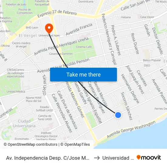 Av. Independencia Desp. C/Jose Maria Heredia to Universidad Apec map