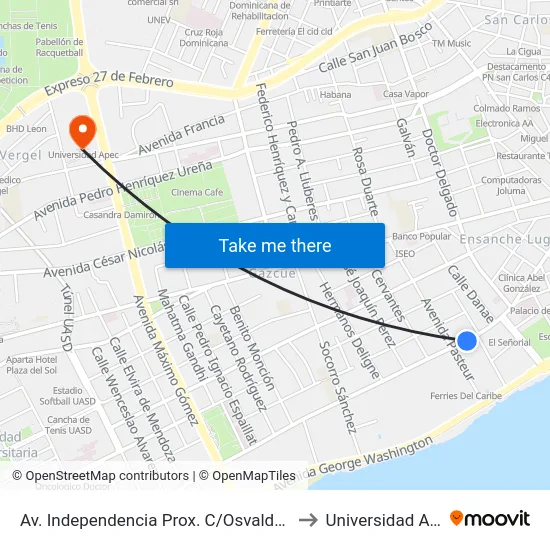 Av. Independencia Prox. C/Osvaldo Baez to Universidad Apec map